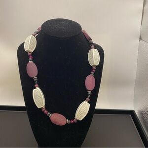 Purple and Cream Oval Ceramic and Wood Beaded Statement Necklace